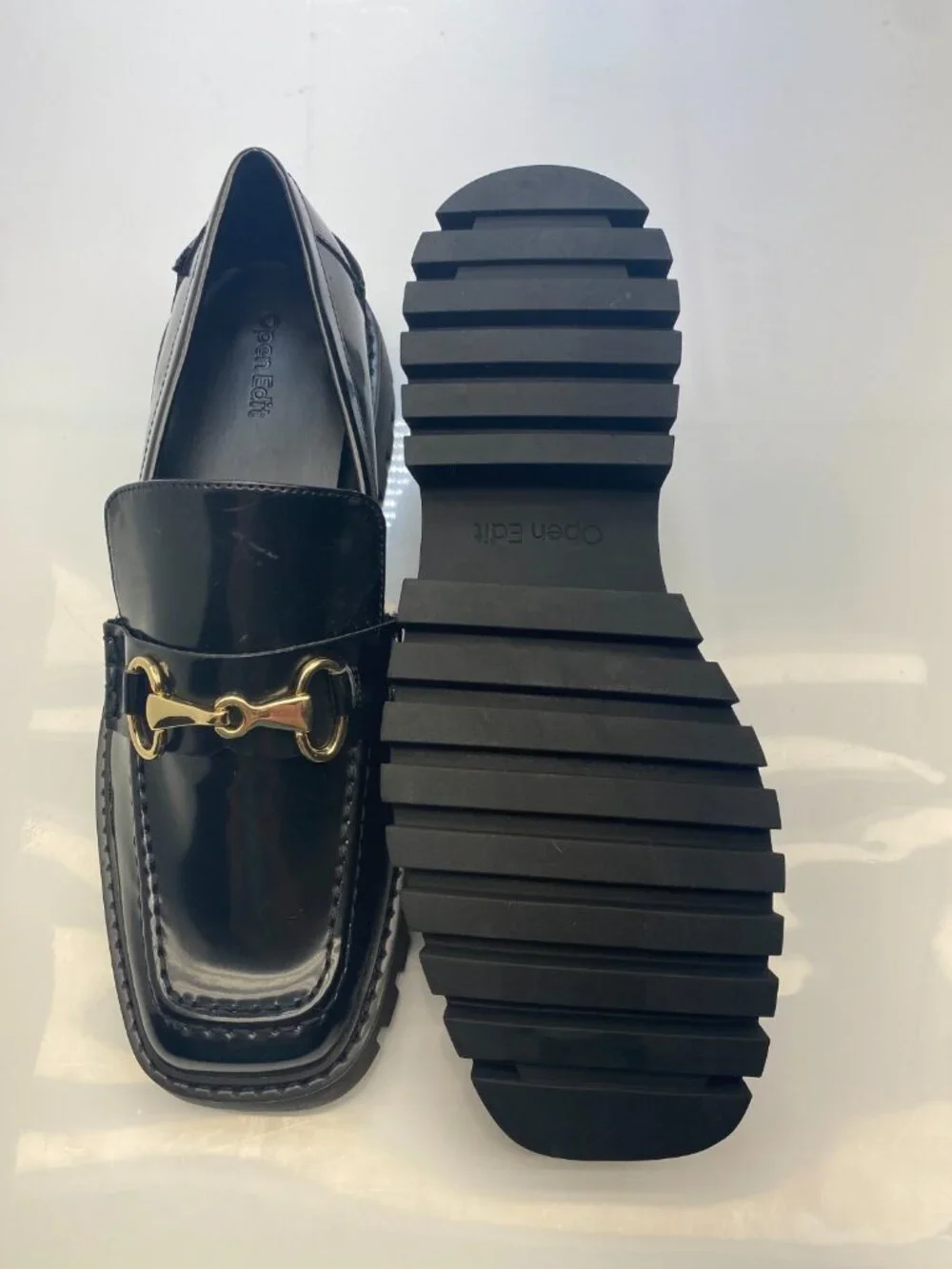 Open Edit Women's Black Lug Patent Leather Gold Hardware Loafer Sz 9m